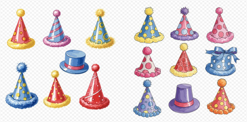 Collection of colorful party hats and top hats with polka dots and stripes, perfect for celebrations and birthdays.