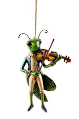 Vintage Christmas tree decoration shaped like a grasshopper in festive attire playing the violin. This charming piece combines nature and music, adding character to holiday décor