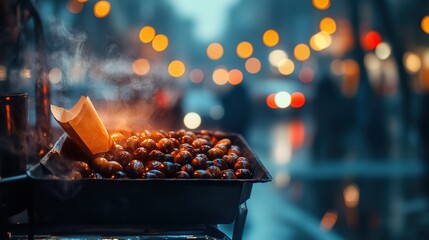 Traditional street chestnut vendor cart with glowing embers, paper cone filled with hot roasted chestnuts in foreground, urban autumn evening background with blurred city lights