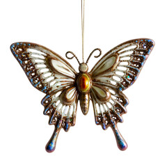 A vintage butterfly ornament with intricately patterned wings,metallic finishes, and pearlescent accents. This handcrafted piece evokes elegance and nostalgia, ideal as a decorative keepsake or  detal