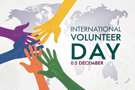 Colorful hands reaching together for international volunteer day on december 5th - Powered by Adobe