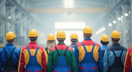 Group of workers in uniform and hard hats standing together in a factory, looking towards the future with determination