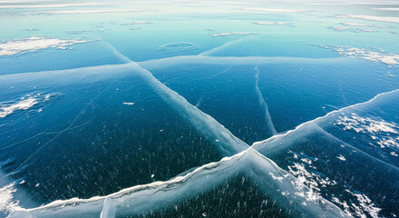Aerial view of cracked, blue ice surface with white accents. Represents fragility, coldness, and the power of natural forces creating geometric patterns