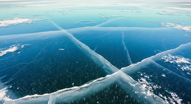 Aerial view of cracked, blue ice surface with white accents. Represents fragility, coldness, and the power of natural forces creating geometric patterns - Powered by Adobe