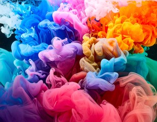 Obraz premium Explosion of vibrant, colorful, wispy clouds against dark background