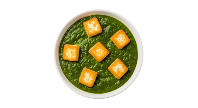 Palak Paneer Indian dish with green spinach gravy and square paneer cheese cubes, isolated on a transparent background, cutout, PNG