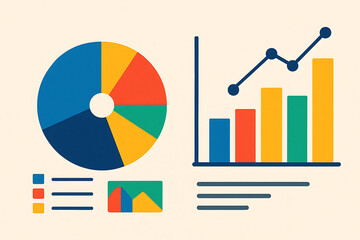 Colorful pie chart and bar graph visualization symbolizing analytics statistics financial research market growth business and data analysis