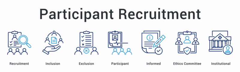 Participant recruitment banner web icon manages inclusion and exclusion criteria with informed consent and ethics oversight.