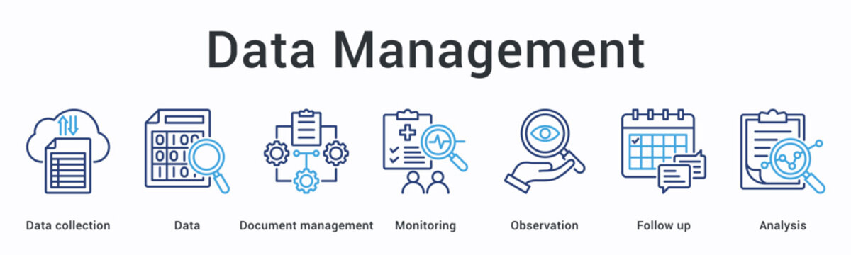 Data management banner web icon coordinates collection and monitoring with observation follow-up leading to analysis results.