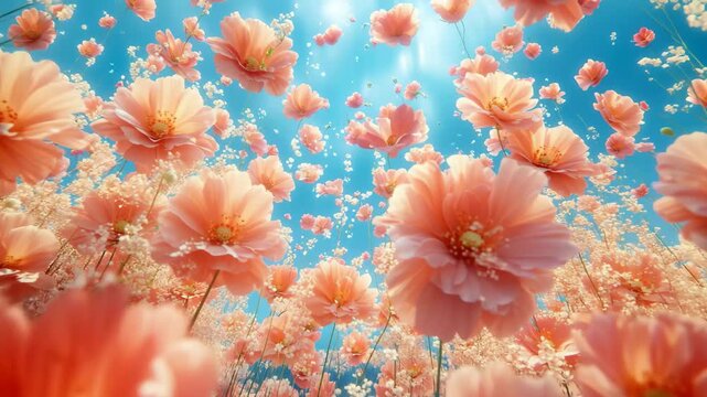 Vibrant field of pink flowers swaying gently under bright blue skies during a sunny afternoon