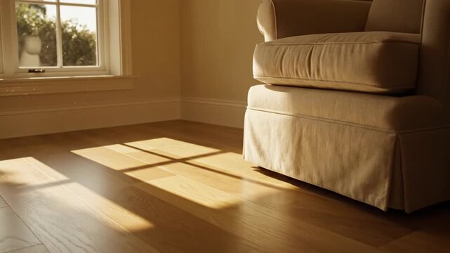 Sunlight patterns on hardwood floor in a bright empty room with a comfortable sofa