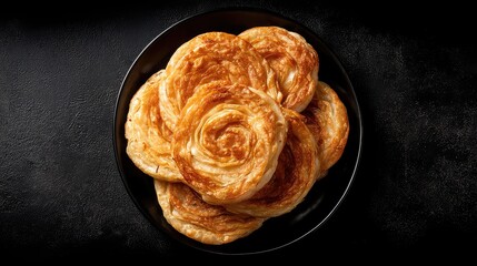 Top-down shot of Qatlama, Uyghur layered fried bread arranged neatly, visible spiraled layers and golden crunchy surface