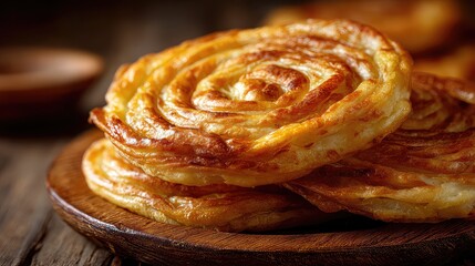 Qatlama, Uyghur layered fried bread, crisp golden layers, flaky and spiraled texture, rich oily sheen, traditional Central Asian pastry