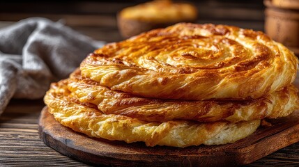 Qatlama, Uyghur layered fried bread, crisp golden layers, flaky and spiraled texture, rich oily sheen, traditional Central Asian pastry