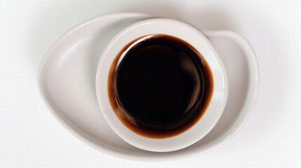 Soy sauce in white bowl on white isolated background top view. Generative AI