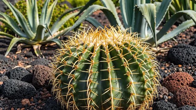 Golden Barrel Cactus in Volcanic Rock Garden A Desert Oasis.
