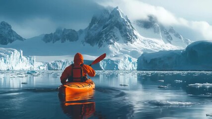 Exploring icy waters in a kayak surrounded by majestic mountains and ice formations at dawn