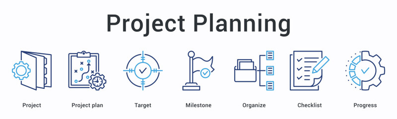 Project planning banner web icon establishes blueprint with targets and milestones using organized checklists for progress.