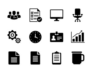 Comprehensive collection of essential business and office management icons for various professional applications and digital design projects