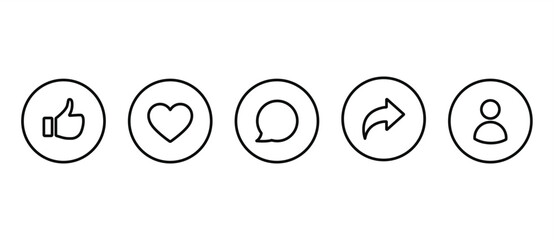 Icon set of Thumbs up, like, love , comment, share and follow in line style. Collection button notification for social media vector illustration in transparent background. Editable stroke.