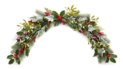 festive garland featuring snow-dusted pine sprigs, vibrant holly leaves, bright red berries