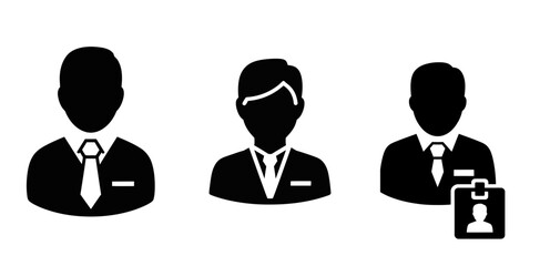 Set of professional male user profile icons, depicting businessmen in suits with a tie, including an identification badge symbol for team members