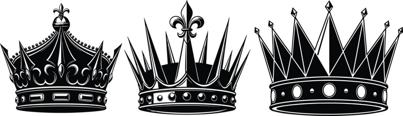 Royal crown silhouette set, luxury king and queen crowns, elegant vintage monarchy icons, ornate regal headpiece collection, majestic vector artwork