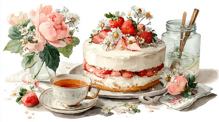 A beautiful cake decorated with strawberries and flowers, accompanied by a cup of tea and a vase of pink roses, creating a charming and inviting scene