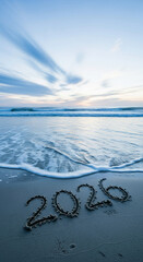 Ocean wave reaches sandy shore with '2026' drawn, symbolizing new year approaching, future hope, beach vacation, and holiday concept