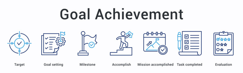Goal achievement banner web icon demonstrating determination through steps and challenges toward successful outcomes.