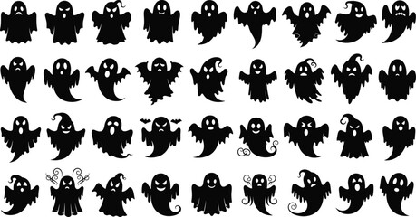 Cute ghost silhouette collection, spooky Halloween spirits, cartoon ghost icons, fun horror characters, playful haunting set, creepy ghost vector artwork