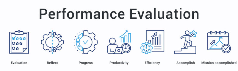Performance evaluation banner web icon assesses progress through reflection measuring productivity efficiency and accomplished mission success.
