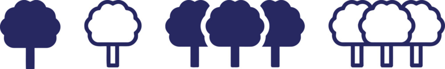 tree, trees, forest, nature, plant, foliage, wood, organic, growth, icon, symbol, graphic, design, isolated, white background, navy blue, simple, modern, vector, illustration, landscape, environment, 