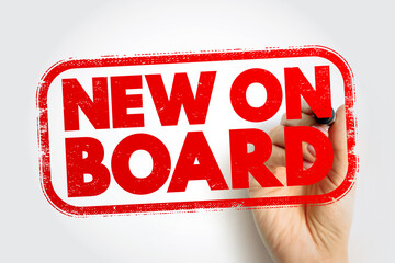 NEW ON BOARD stamp with hand illustrates onboarding announcement in clean style, showing bold message inside marked frame as a person holds marker to create impactful corporate notice