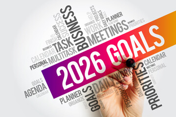 2026 Goals written on a vibrant bar surrounded by business terms like meetings, priorities, success, calendar, and tasks, with a hand writing the title