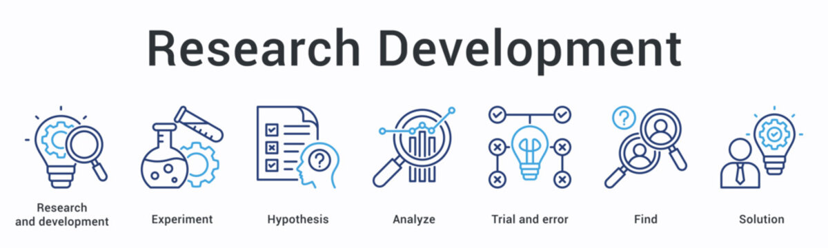 Research development banner web icon explores experiments and hypothesis through analysis and trials finding solutions effectively.