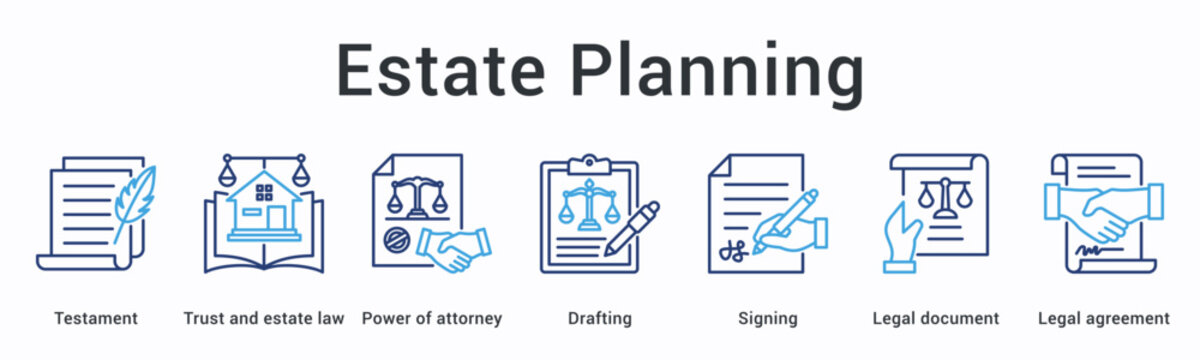 Estate planning banner web icon covers testament and trust law with power of attorney through drafting and signing.