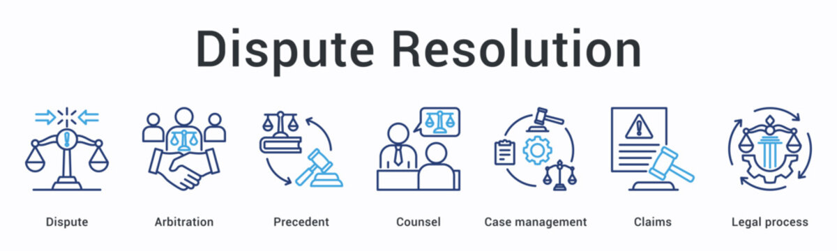 Dispute resolution banner web icon uses arbitration and precedent with counsel for case management of claims processes.