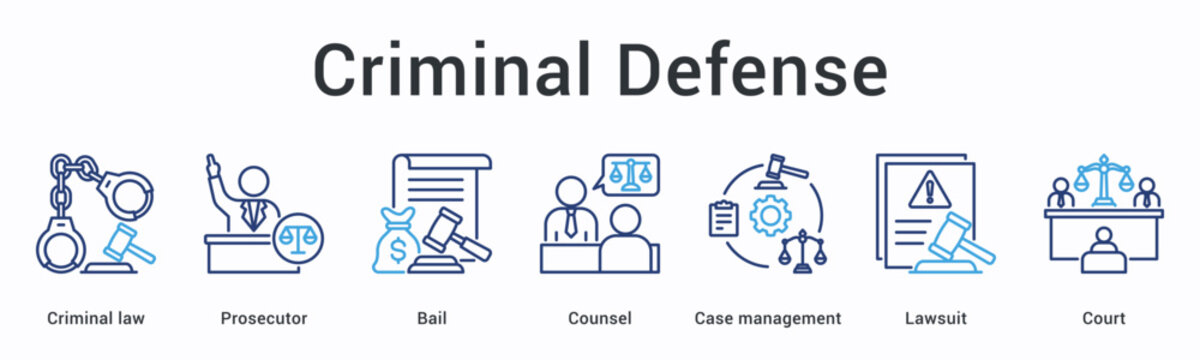 Criminal defense banner web icon involves prosecutor and bail with counsel managing lawsuit cases in court proceedings.