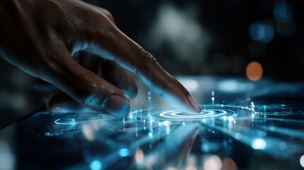 Hand interacting with futuristic touchscreen showing illuminated data nodes, representing a/b testing optimization and experiment-driven interface improvement.