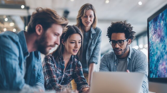 Team gathered around laptop for project update discussion, reviewing progress and planning next step, collaborative workplace meeting with note and coffee.