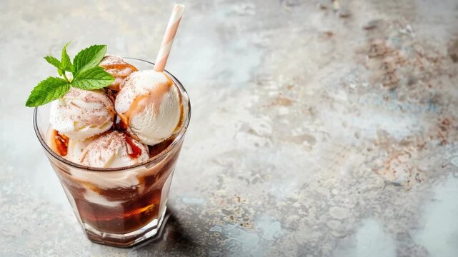 Glass of ice cream with syrup and straw, garnished mint leaves