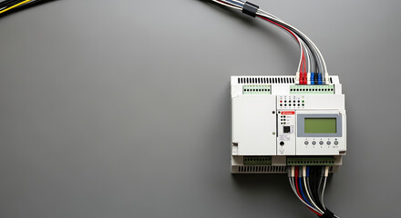 SCADA system industrial controller on gray surface displaying communication wiring. SCADA system provides connections to field and industrial systems,
