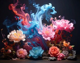 Floral arrangement with vibrant paint and blossoms