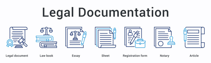 Legal documentation banner web icon organizes documents, law books, and registration forms with notary for article filing.