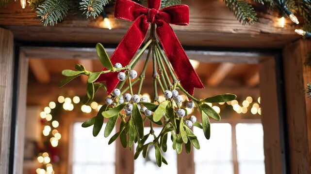 Merry Christmas mistletoe with red ribbon hanging in rustic wooden doorway, surrounded by festive lights and evergreen garland, creating a cozy holiday atmosphere
