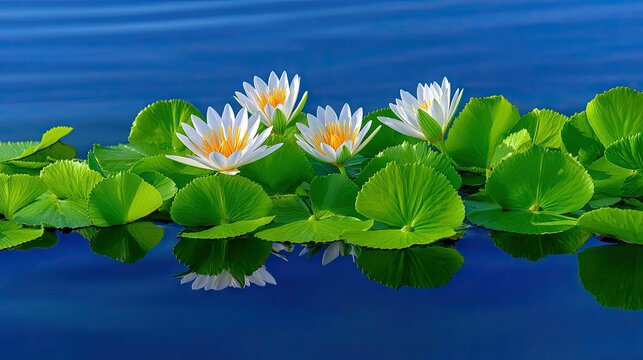 A serene scene of several white water lilies with yellow centers, surrounded by lush green lily pads, floating on calm, deep blue water. The flowers and pads ar - Powered by Adobe