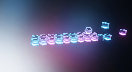 Glowing cubes arranged in neat rows on dark surface, illuminating their environment. The futuristic cubes display radiant colors, reminiscent of digital infrastructure components in modern tech.
