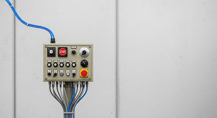 SCADA industrial communication system setup with control panel and multiple wire connections near wall. Industrial control system integrates wires, switches,