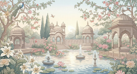 Mughal Garden Mural, Watercolor, Pastel Elegance, 3D Wallpaper Background. 3D relief mural wall art